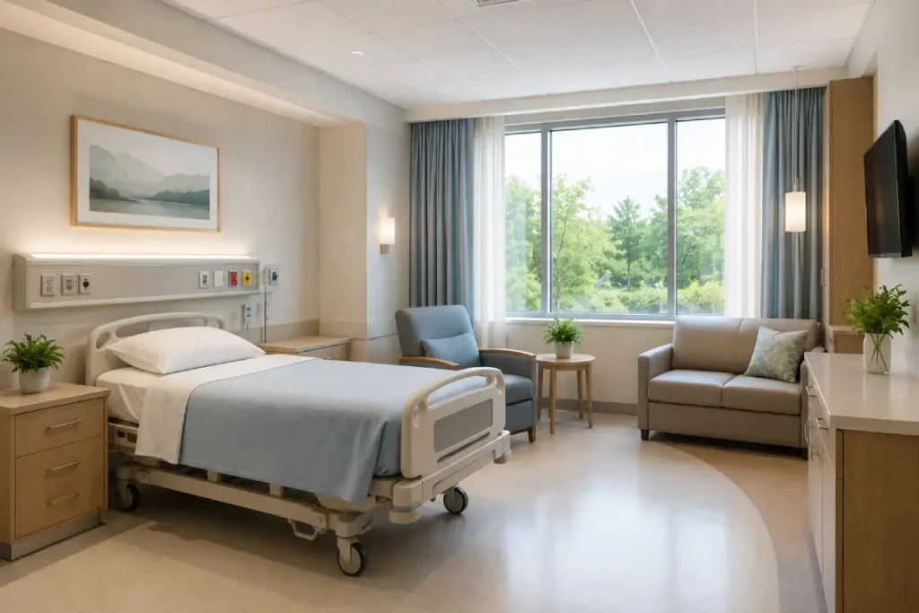 Patient room interior design focused on comfort and wellbeing