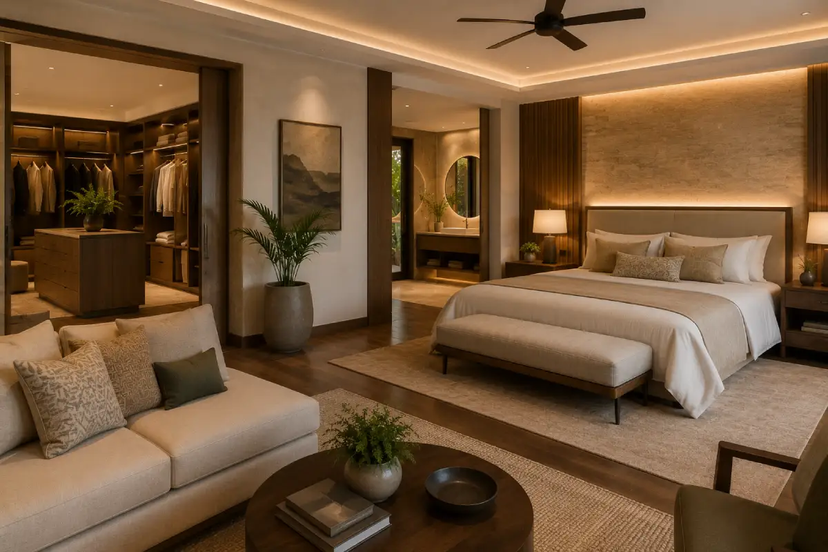 Luxury villa primary suite interior design