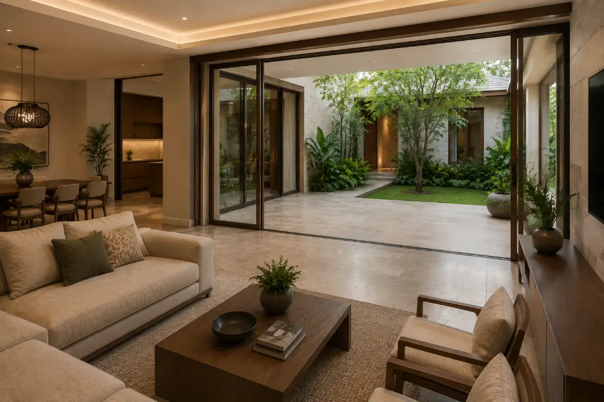 Villa interior design with indoor outdoor courtyard connection